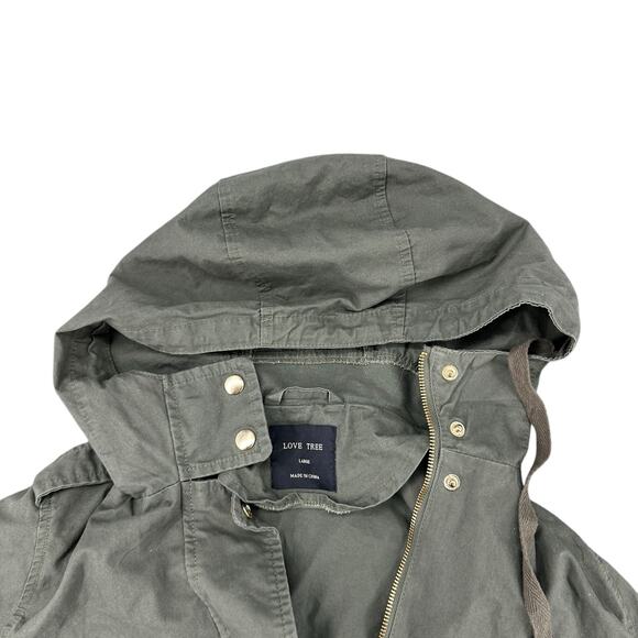 Love Tree Army Green Cargo Jacket Hooded Zipper Pockets Large Streetwear Casual - Picture 4 of 7